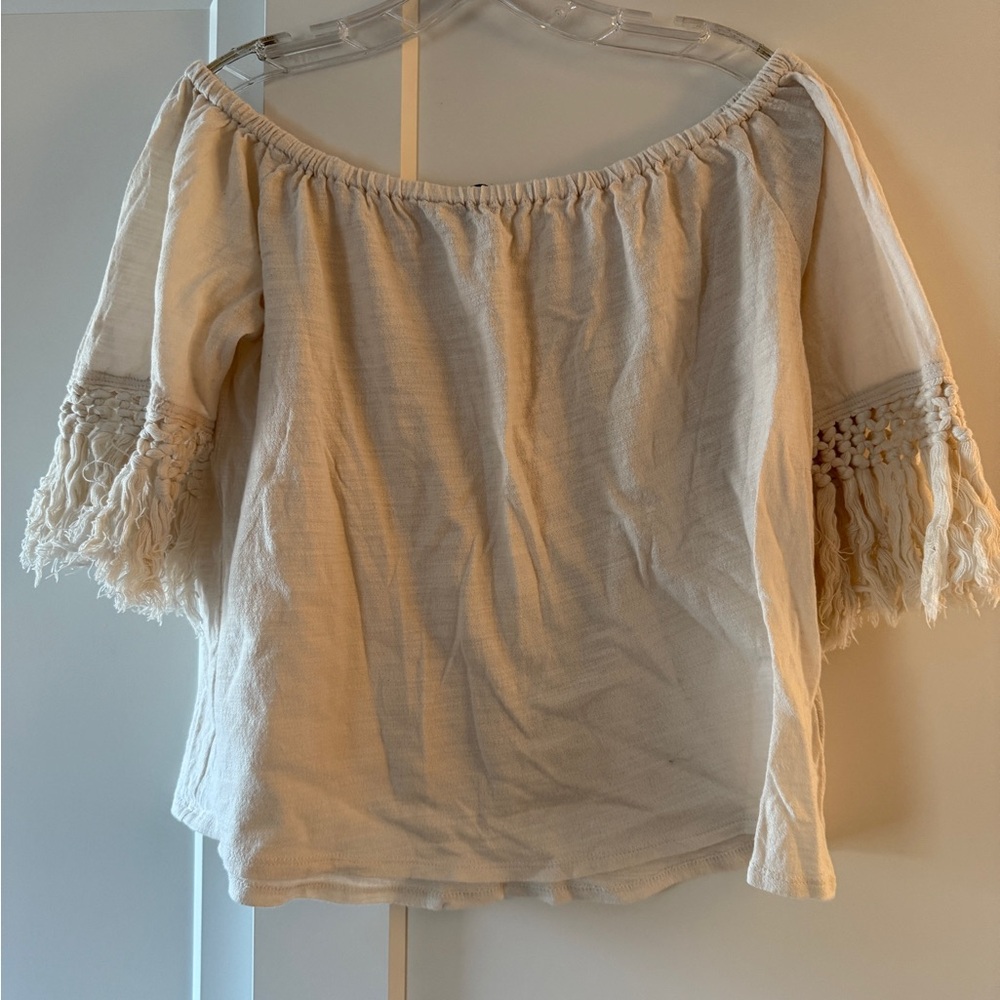 Sanctuary Off-the-Shoulder Boho Macrame Fringe Top Sz L Festival Minimalist